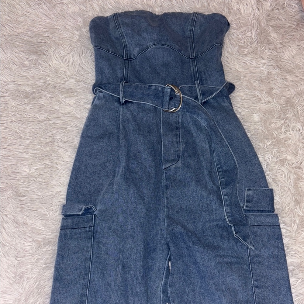 Blue Denim Strapless Jumpsuit with Paper-Bag Waist